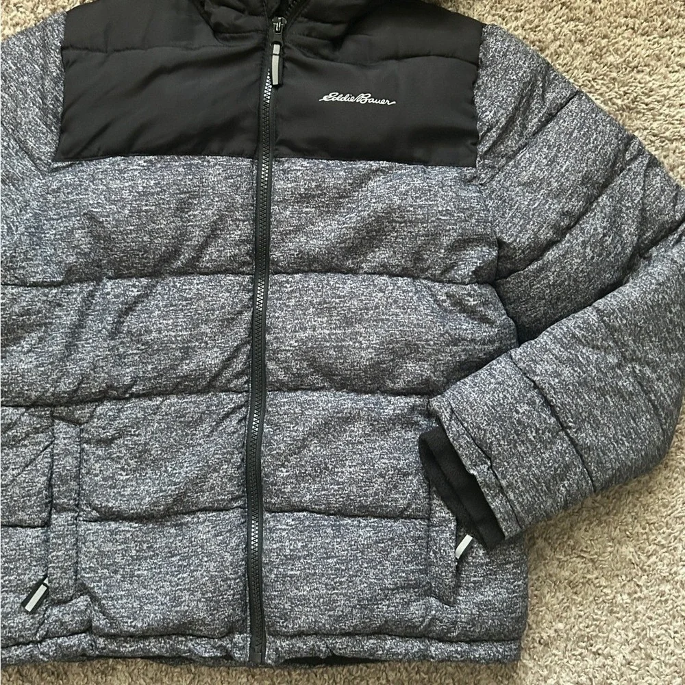 Eddie Bauer I‎ Kids Puffer Winter Hooded Jacket I Quilted Gray Black I Size M